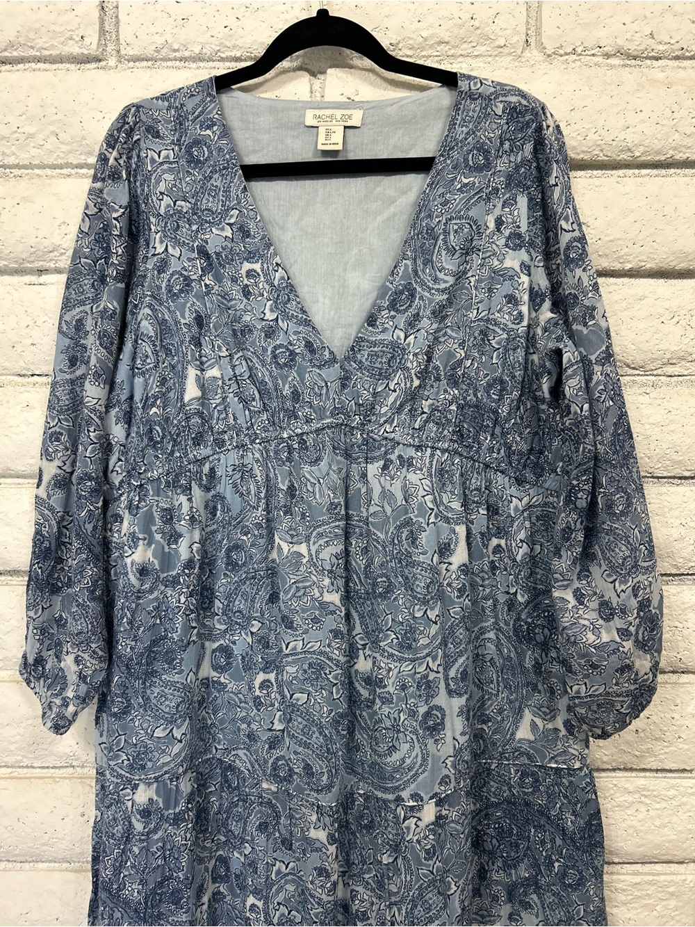 Rachel Zoe Blue Paisley Boho Tiered Midi Dress Women's Large Long Sleeve Flowy - Picture 2 of 7
